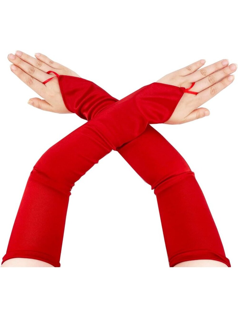 Women's Red 1920s Satin Stretchy Elbow Length Opera Fingerless Long Gloves